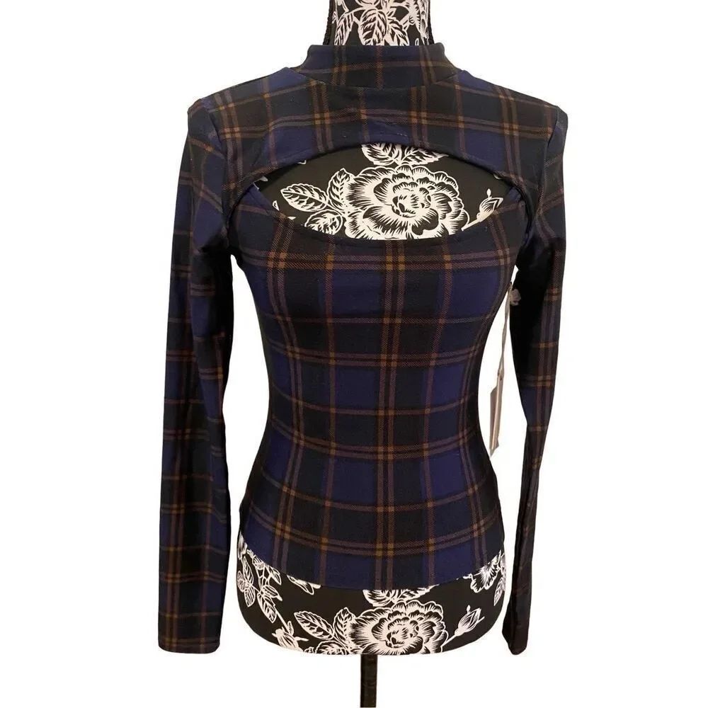 Nwt Good American Plaid Long Sleeve Shirt High Neck Cutout Design